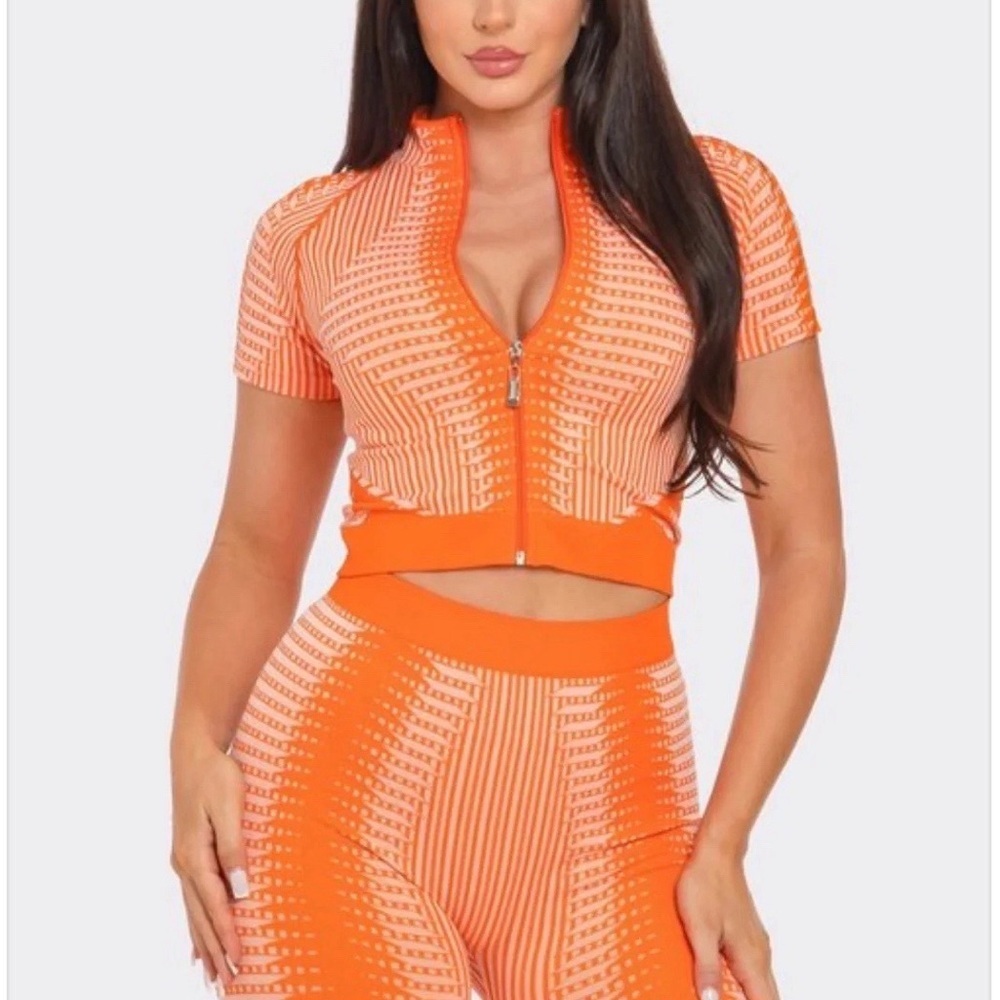 Vibrant Athletic Orange Crop Top Short Sleeves Top & High Waist Shorts Set